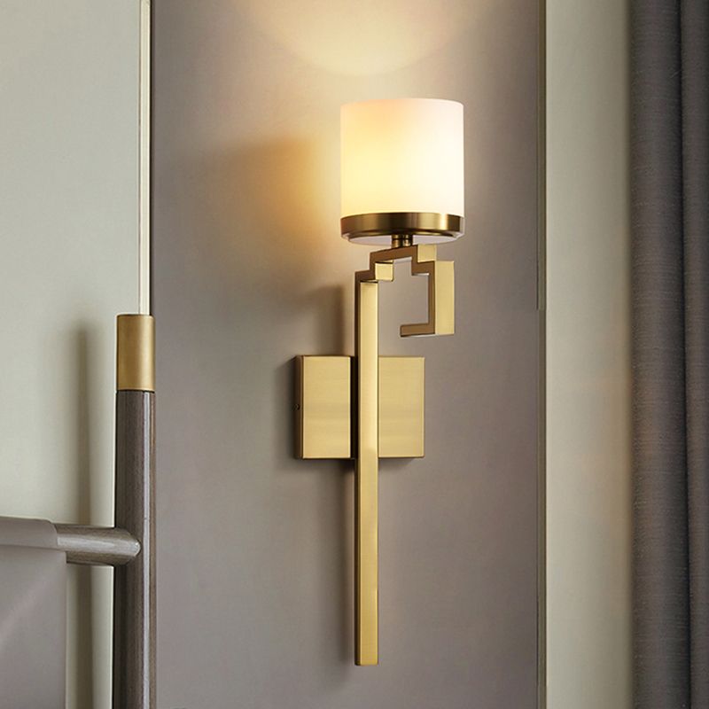 1 Bulb Pillar Sconce Lighting Mid Century Brass Opal Matte Glass Wall Light Fixture with Oriental Element