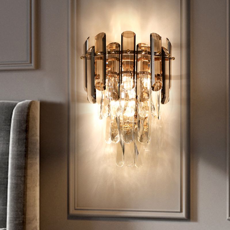 2-Light Bedroom Sconce Lamp Contemporary Wall Mounted Light with Tiered Crystal Shade