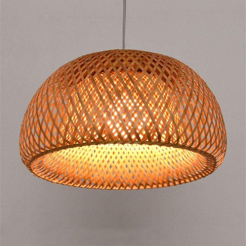 Double walled Hanging Lamp Kit Asian Bamboo 1-Light Beige Hanging Pendant for Restaurant