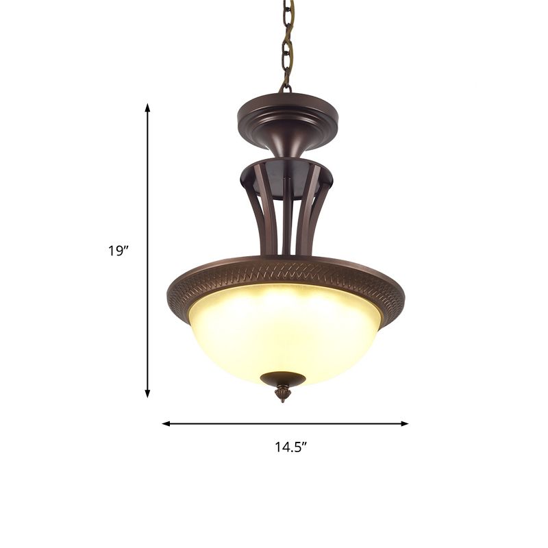 3 Light Chandelier Light with Bowl White Glass Shade Traditional Living Room Ceiling Lamp in Bronze