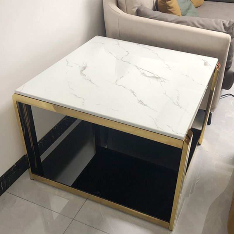 Square Stainless Steel Block End Table Modern Marble Top Corner Table Storage Side Table