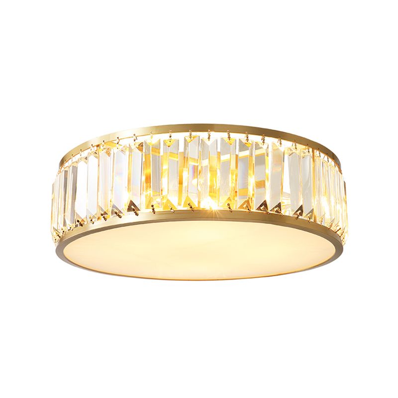 Crystal Drum Flush Mount Lamp Simplicity 3/4/5 Bulbs Bedroom Ceiling Light in Gold, 12.5"/16.5"/23.5" Wide