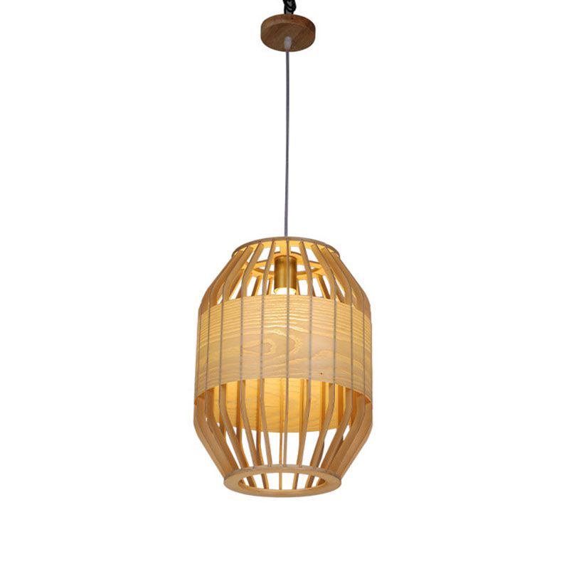 Bamboo Slatted Hanging Light Kit Asian 1 Light Wood Down Lighting Pendant over Table