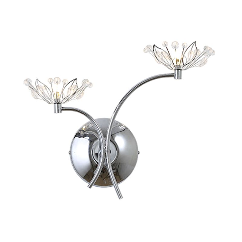 Chrome Flower Wall Mounted Lamp Modern Iron 2 Bulbs Bedside Sconce with Crystal Stamen