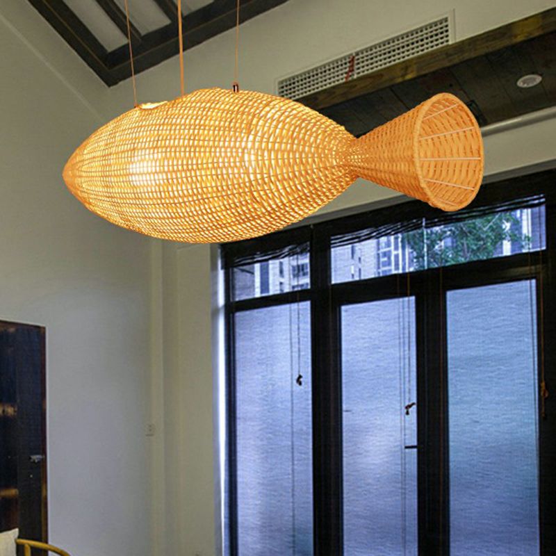 Asia Fish Shaped Hanging Light Bamboo Dining Room Suspension Pendant Light in Beige