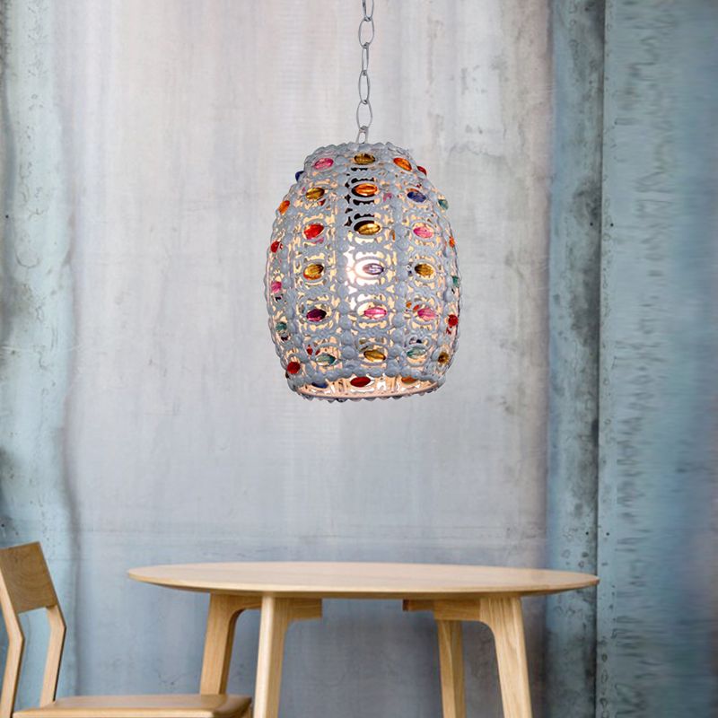 5"/6" Wide White 1 Light Pendant Lighting Traditional Stained Glass Cylinder/Barrel Hanging Light Fixture