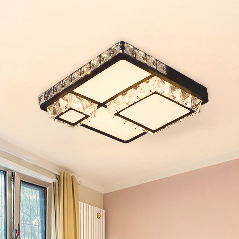 Luminaire encastré carré/rond noir Style minimal cristal à facettes LED support de plafond pour chambre à coucher