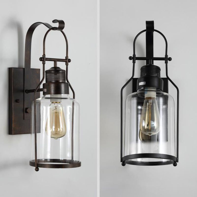 Schwarz 1-Licht-Wandmontage Leuchte Industrielle Clearglaszylinderlampe