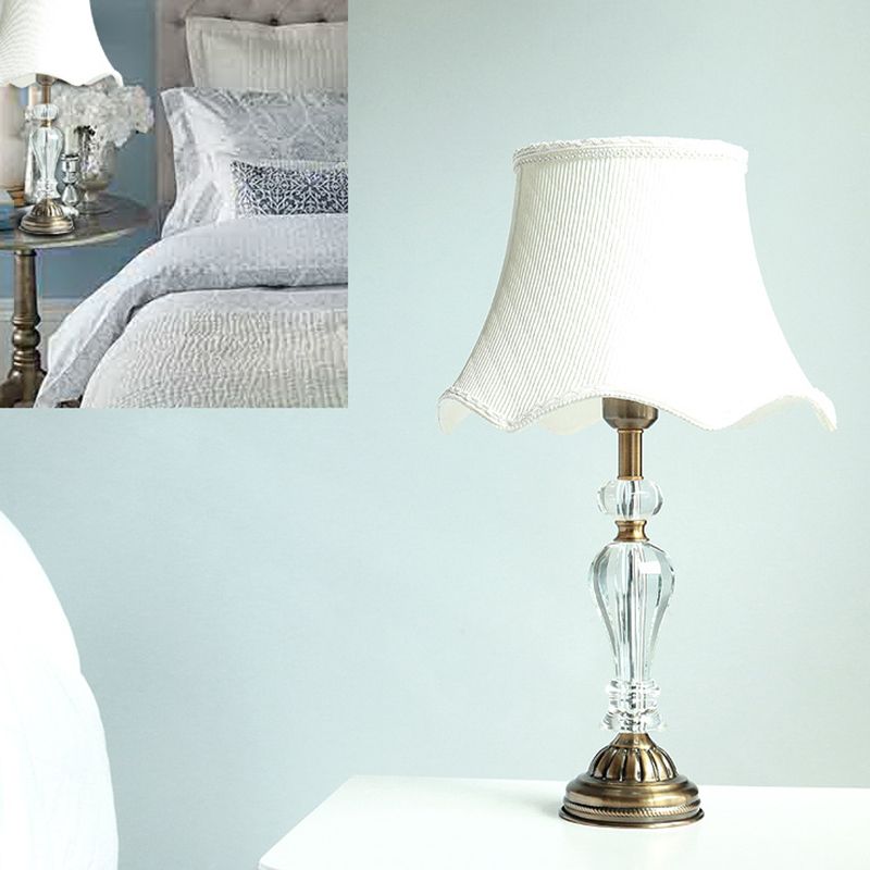 Fabric White Night Table Lamp Scalloped Singe Bulb Simple Nightstand Light with Crystal Accent