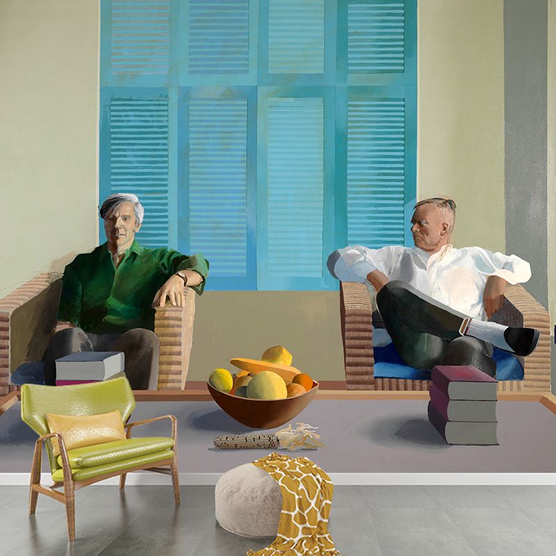 Artistry Hockney Works Lovers Mural Blue and White Stain Resistant Wall Decor for Bedroom