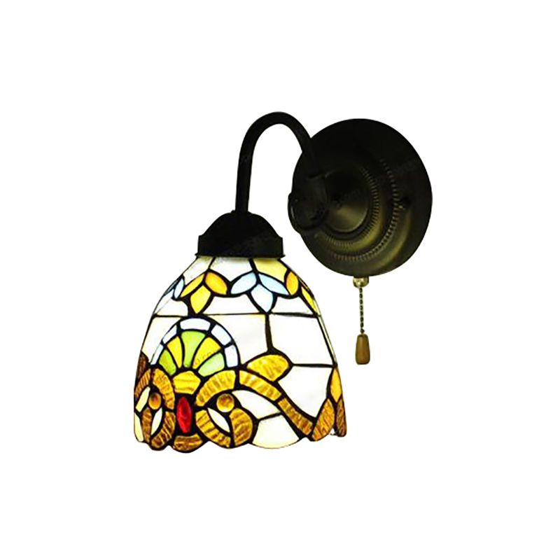 Yellow Dome Wall Sconce Victorian Stained Glass 1 Head Wall Fixture Light with Pull chain for Hallway