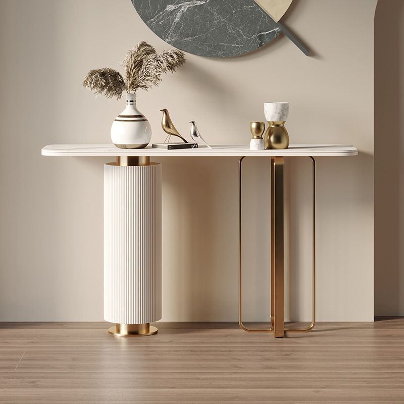 Glam Stone Console Sofa Table Rectangle Metal End Table for Hall