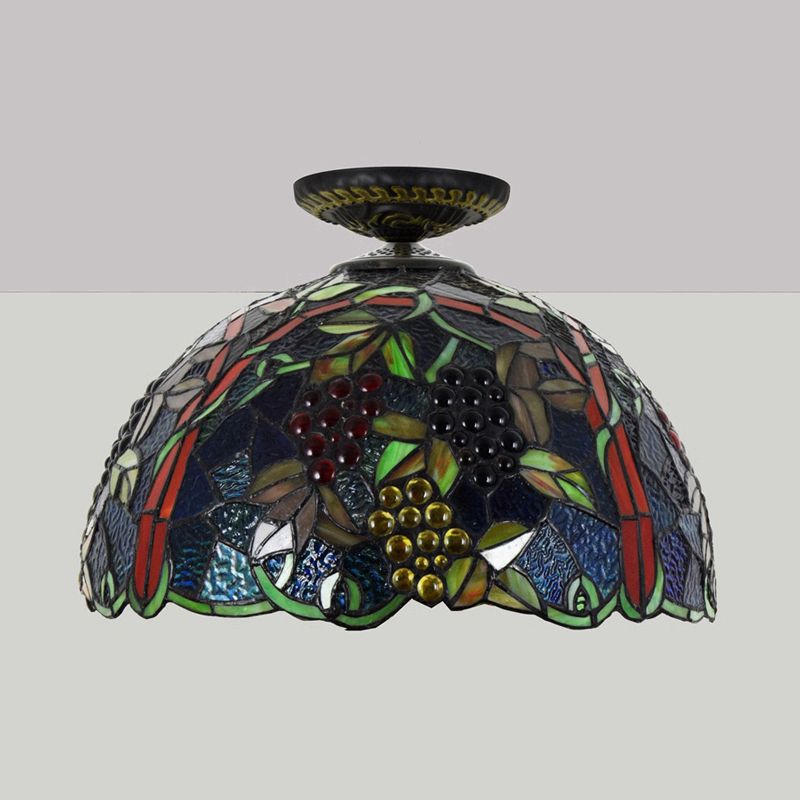 12"/16.5" W Victorian Domed Flush Ceiling Light 1 Light Stained Glass Lighting Fixture in Brass with Grape Pattern