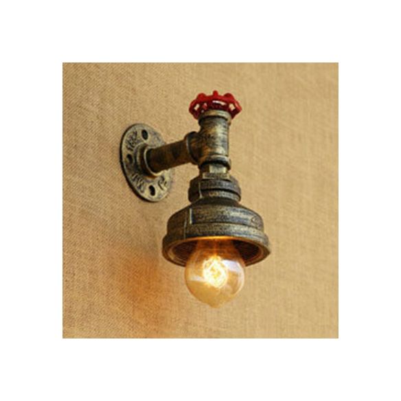 Water Pipe Metal Wall Lighting Rustic Style 1 Light Restaurant Wall Mounted Lamp with Red Valve in Bronze/Antique Brass