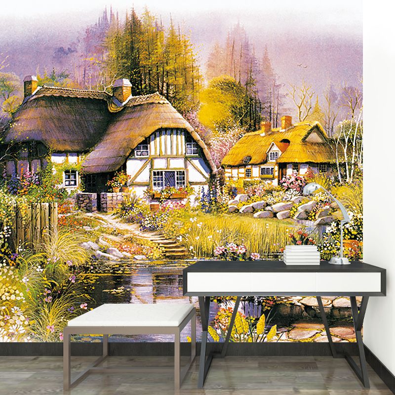 Village House Drawing Wall Murals Brown-Green-Yellow Stain Proof Wall Decoration