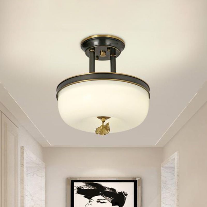 Traditionalism Bowl Semi Flush Mount Frosted Glass LED Close to Ceiling Lighting Fixture in Black/Gold, 12"/16" Width