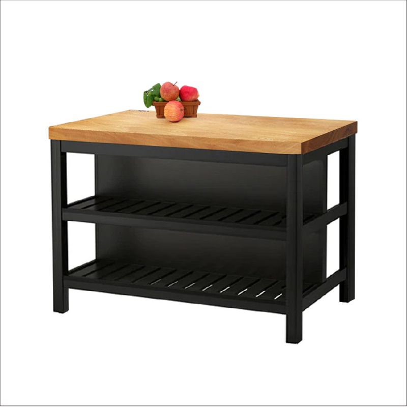 Stationary Industrial Kitchen Island Solid Wood Kitchen Island Table with Shelves
