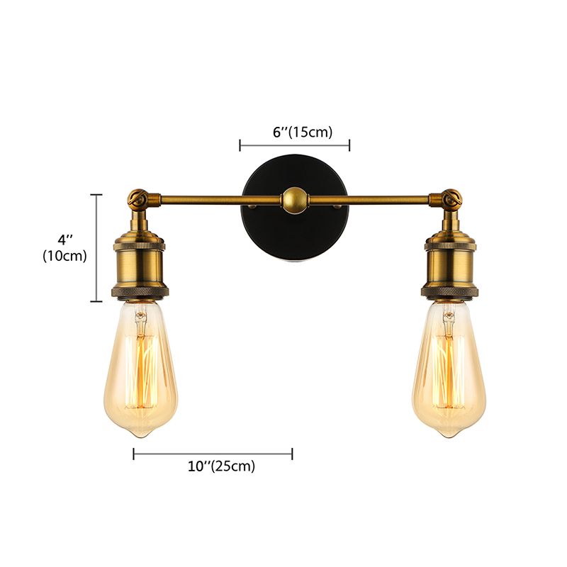 2 Lights Exposed Sconce Light with Bare Bulb Industrial Brass Finish Metal Wall Light Fixture for Coffee Shop