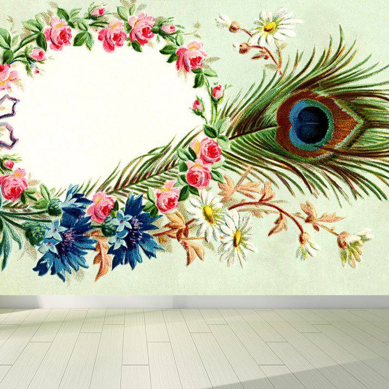 Illustration Style Wreath Mural Decal for Dining Room, Green, Custom Size Available