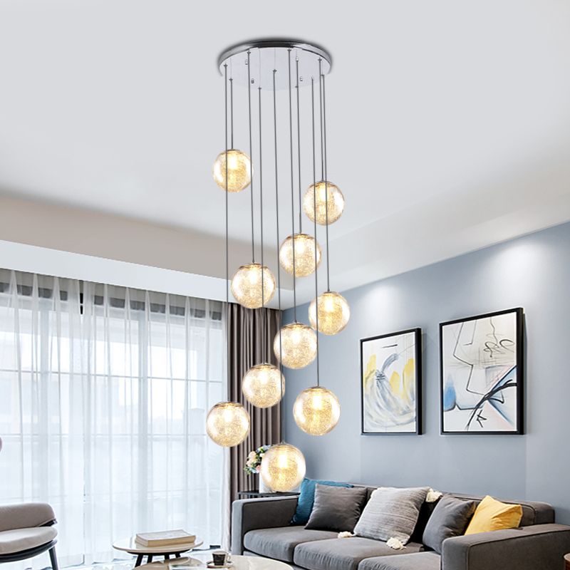 Contemporary Sphere Ceiling Lamp 10 Lights Amber Glass Multi Light Pendant for Bedroom
