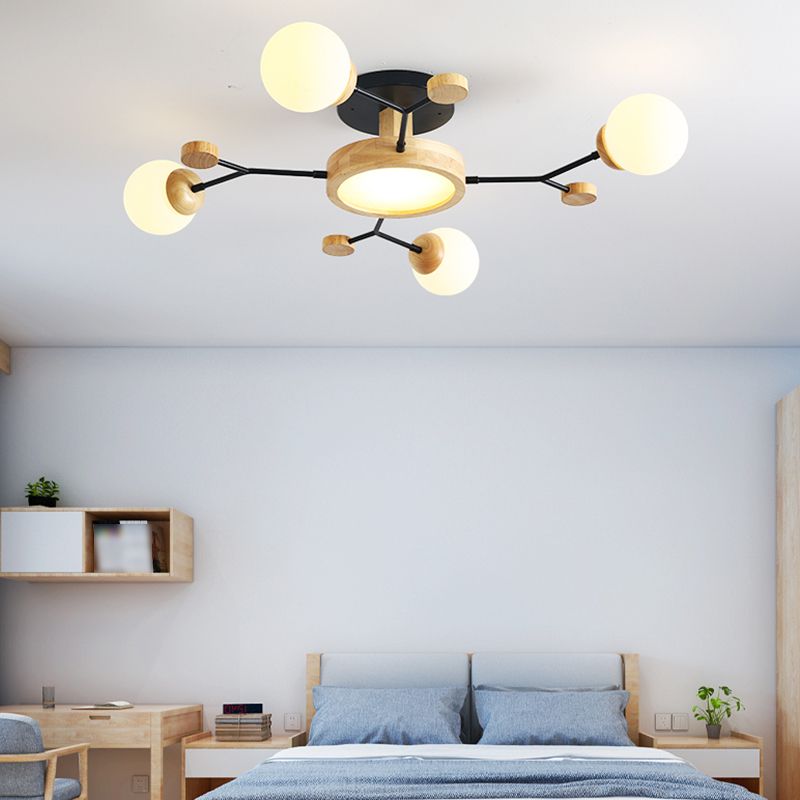 Nordic Solid Wood Ceiling Light White Glass Modos Semi Flush Light for Living Room