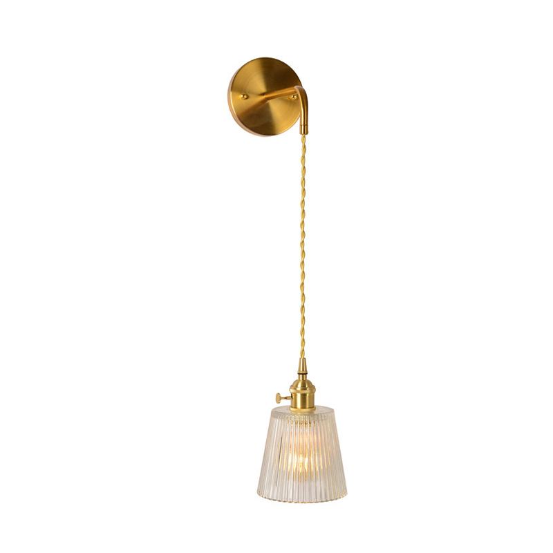 Gold 1 Head Wall Mounted Light Minimalism Clear Ribbed Glass Barrel/Bell/Drum Wall Lighting Fixture