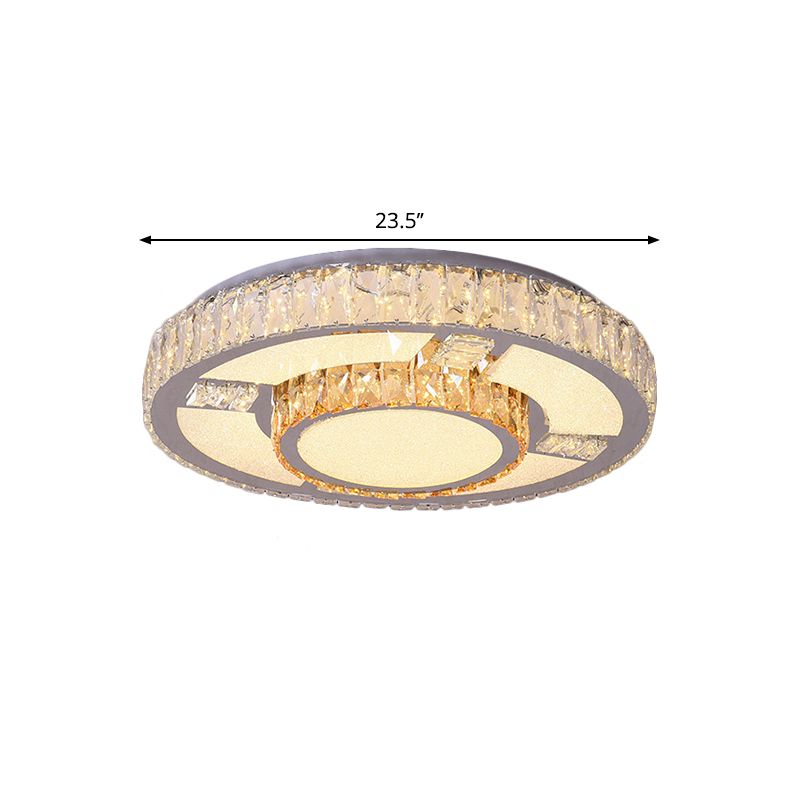 Round Parlor Flush Mount Lamp Modern Clear Beveled Crystal Blocks Stainless-Steel LED Lighting Fixture