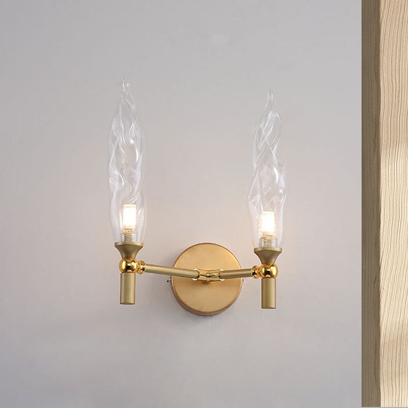Double Arm Wall Lighting Modernism Metal 2 Bulbs Living Room Wall Mount Sconce in Gold with Torch Clear Glass Shade