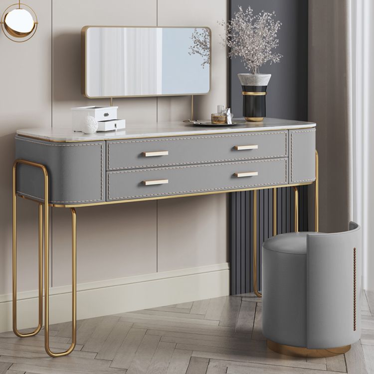 Mirror & 2 Drawers Light Grey Makeup Vanity Dressing Table Stool Set