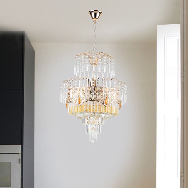 Mid-Century Curved Arm Hanging Chandelier 3 Heads Clear Crystal Draping Pendant Light Kit