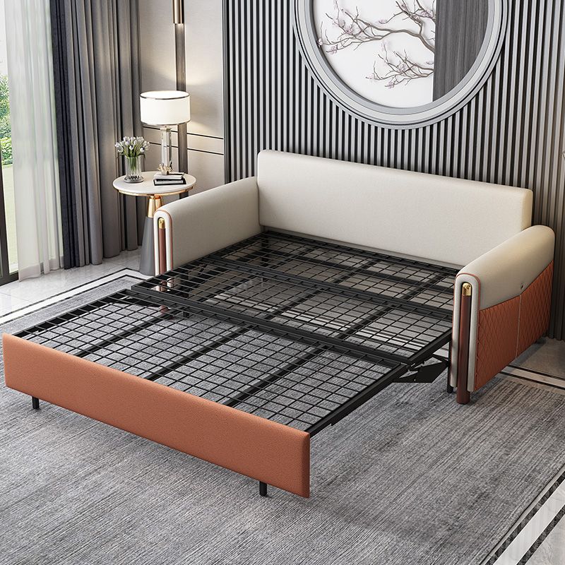 Contemporary Square Arm Faux Leather Stain Resistant Couch Bed with 2 Pillows