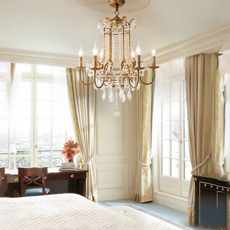 Curved Arm Metal Chandelier Lamp Traditionary 6 Heads Brass Hanging Pendant Light with Clear Crystal Drop