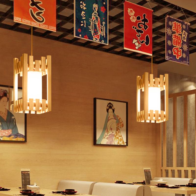 Cylinder Shade Bistro Pendant Light Fabric 1 Head Asia Suspension Lighting with Wood Cage Guard