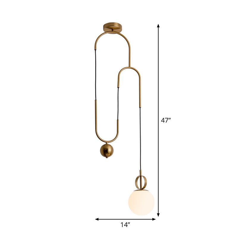 Opaline Glass Ball Shade Pendant Light Kit Postmodern 1-Light Hanging Lamp with Pulley in Gold