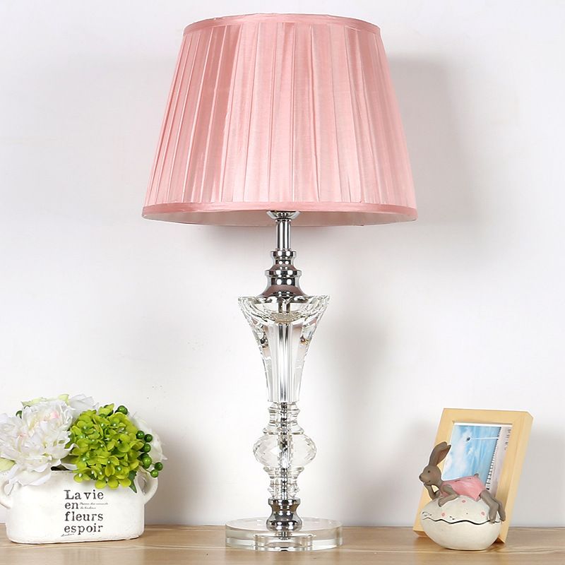 Single Head Table Light Countryside Conical Fabric Night Lamp in Pink/Blue/Beige with Clear Crystal Base