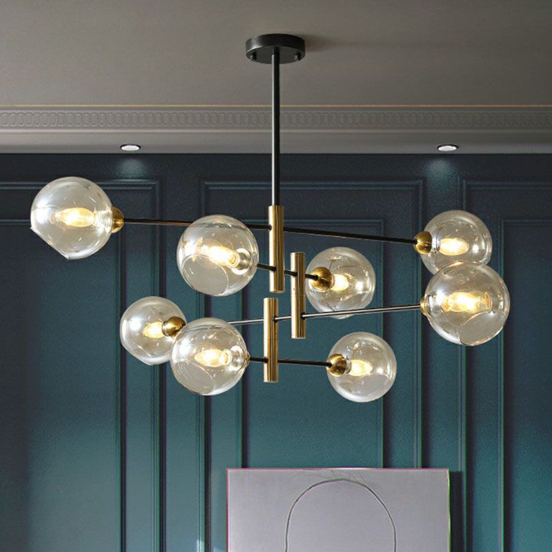 Glass Dome Chandelier Minimalism Black and Brass Suspended Lighting Fixture for Dining Room