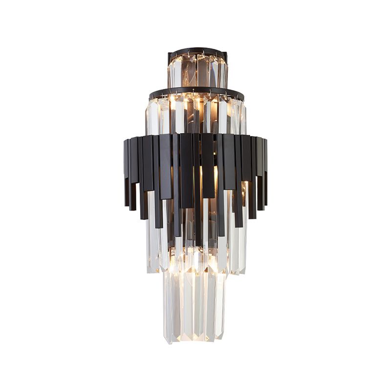 Tiered Sconce Lighting Fixture Modern Style Clear Crystal and Metal 3 Heads Black Wall Lamp, 14"/19.5" Height