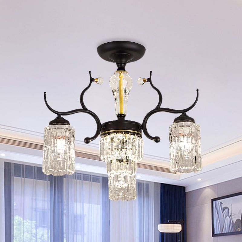 Cylindrical Bedroom Semi Flush Chandelier Contemporary Crystal 3/6 Heads Black Ceiling Mount Lamp