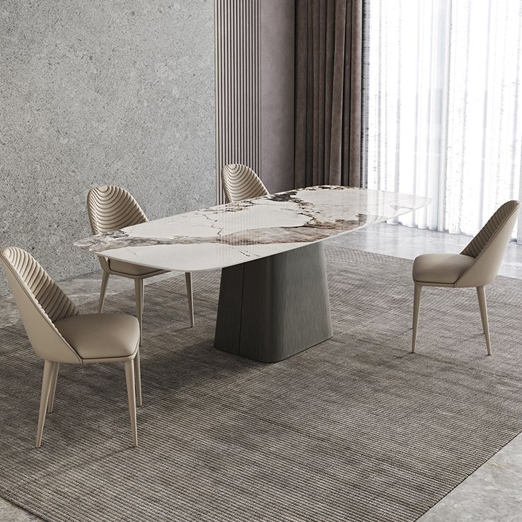 Mesa de comedor de piedra sinterizada mesa rectángulo en blanco con base de pedestal de metal