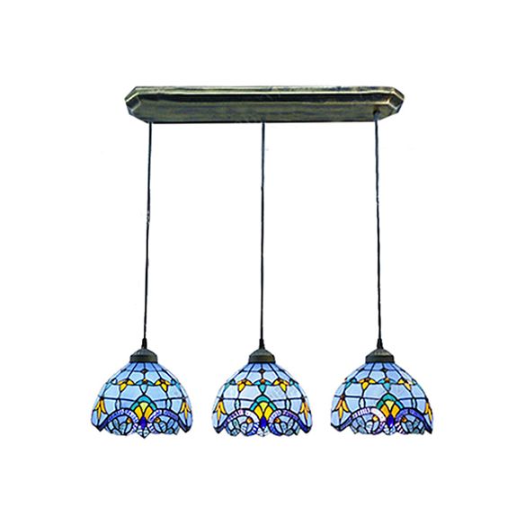 Victorian Dome Pense Light Glass 3 cabezas Luces lineales/redondos colgantes en blanco/azul para el comedor