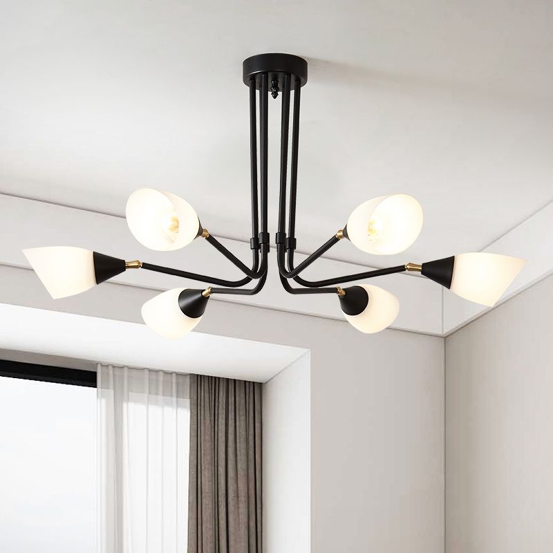 Modernism 4/6/8 Bulbs Ceiling Chandelier Black Flared Hanging Pendant Light with Milky Glass Shade