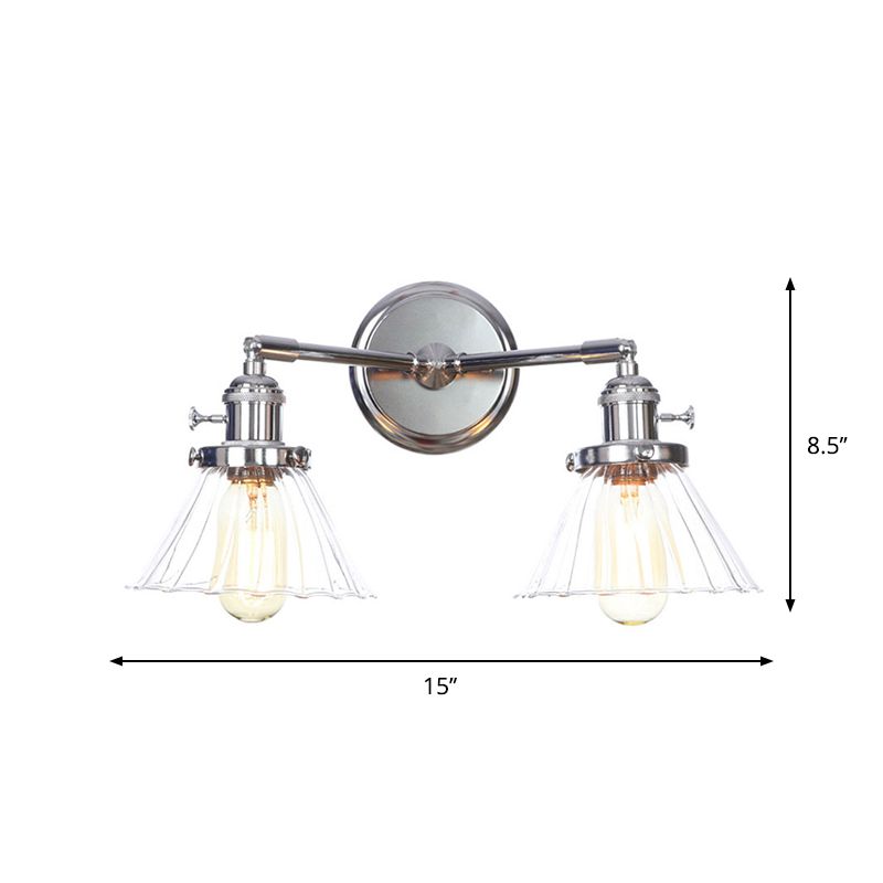 Chrome 2 Lichter Wandleuchten Industrial Style Clear Glass Globe/Cone Wall Light Kit mit welligem Arm für Korridor
