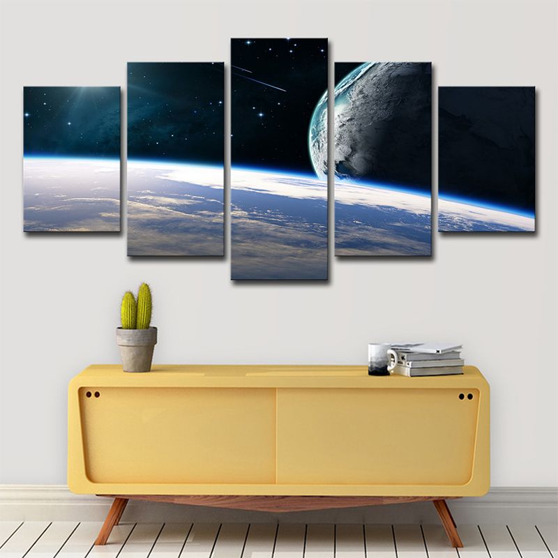 Planets and Shooting Stars Canvas Multi-Piece Science Fiction Living Room Wall Art in Blue