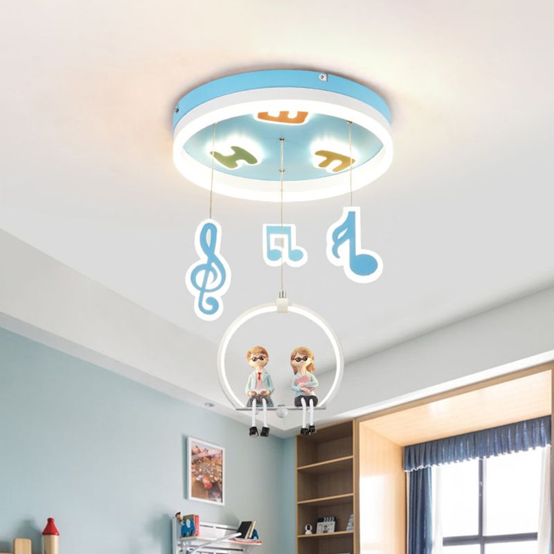 Musical Note Acrylic Ceiling Light Cartoon LED Blue Flush Mount Lighting with Resin Boy and Girl