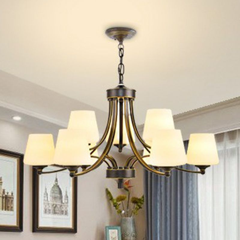 Tapered Shade White Frost Glass Suspension Light Rustic Living Room Chandelier Light