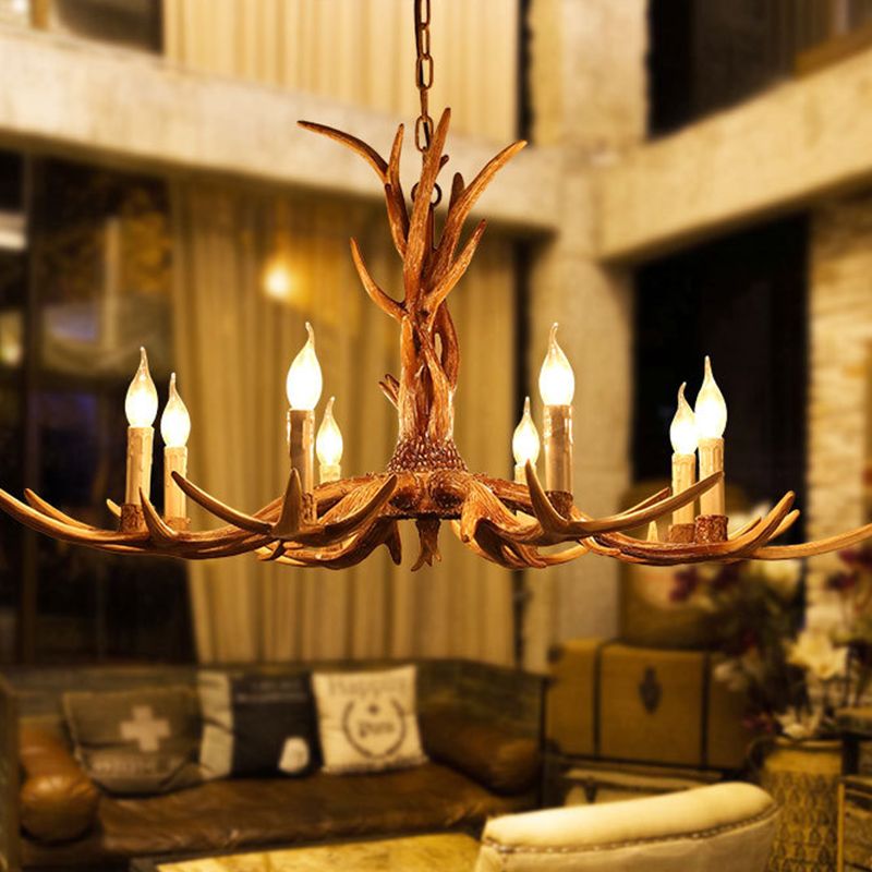 Brown 8-Head Antler Hanging Light Lodge Resin Bare Bulb Design Ceiling Chandelier