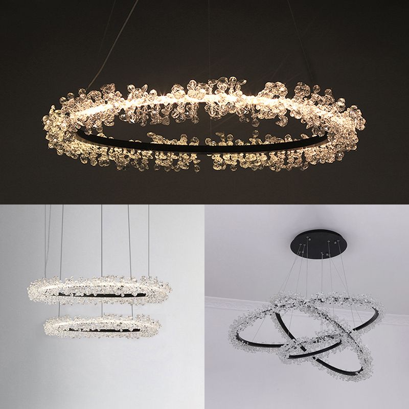 1/2/3-licht Black Ring Pendant Kroonluchter Modern Crystal Accent LED Hanglamp Lichtlijn in wit/warm licht voor woonkamer
