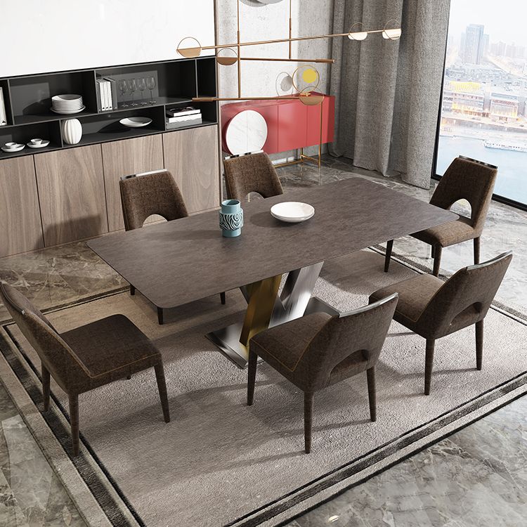 Luxury Sintered Stone Top Table Rectangle Table with Pedestal in Gold and Silver