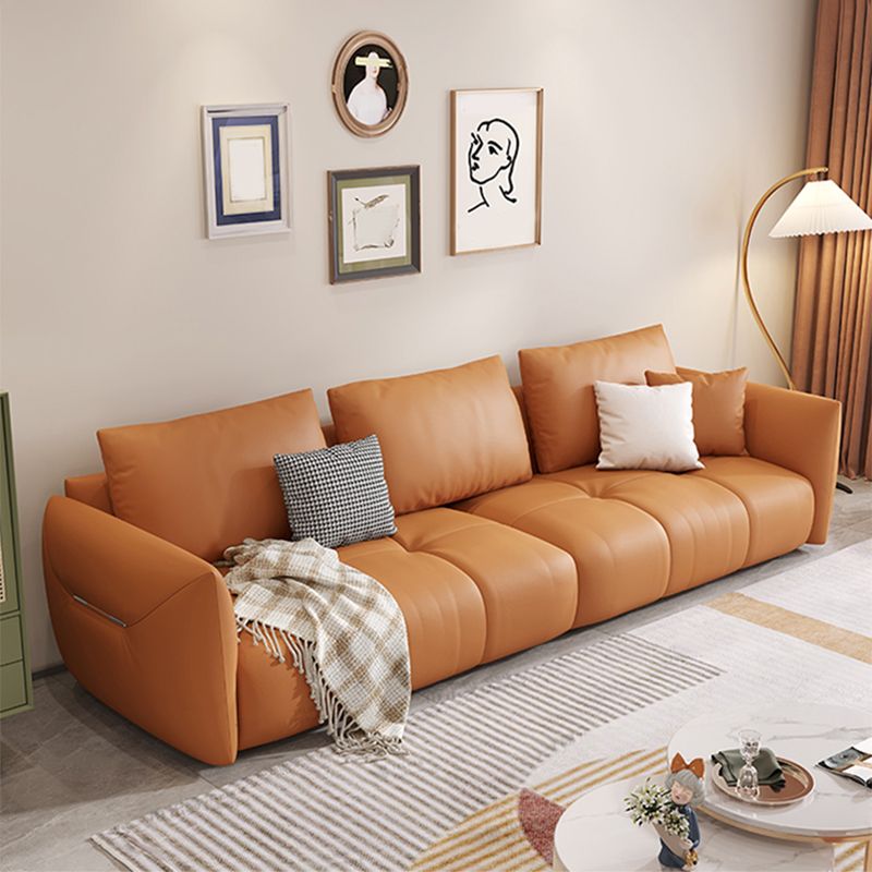 Scandinavian Genuine Leather Orange Pillows Square Arm Living Room Seating