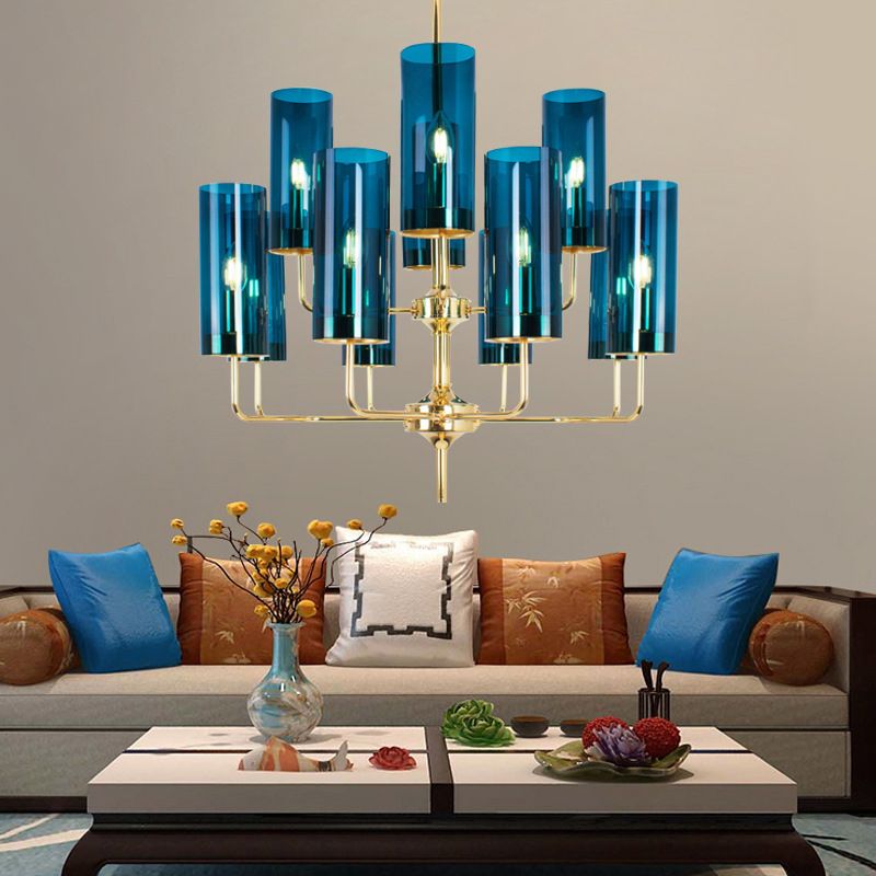 Post-Modern Metal Hanging Chandelier Light Cylindrical Glass Shade  Ceiling Chandelier in Gold for Living Room